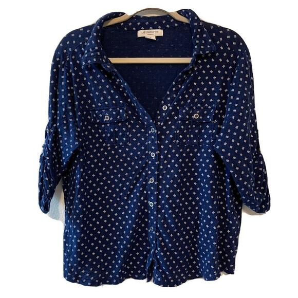 Liz Claiborne Womens Plus Size 1X Blue White Polka Dot Tab Sleeve Blouse Top - Picture 1 of 5